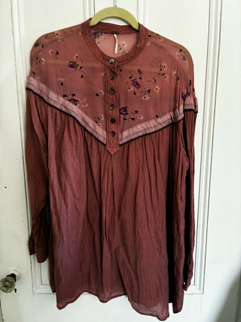 Free People Red Sheer Tunic Mini Dress Floral & Stripe Pink Trim Boho (L)
